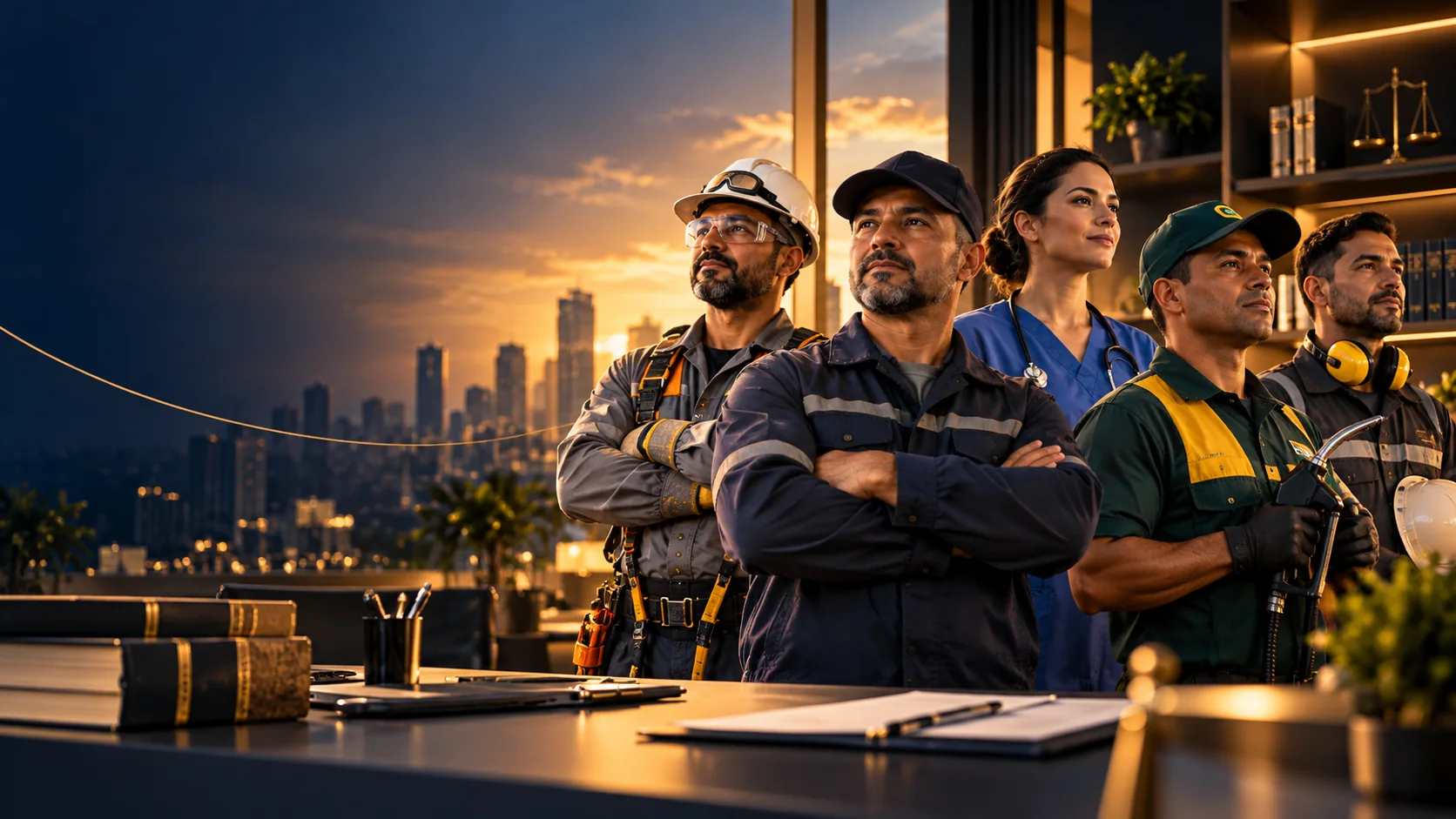 Composição ilustrativa com trabalhadores da saúde, abastecimento e manutenção